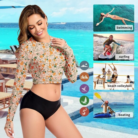 Women Rash Guard Long Sleeve Crop Top UPF 50+ Sun Protection Swim Shirt - Picture 6 of 6